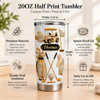 Dimensions graphic showing a custom name tumbler with features and 20oz size details.