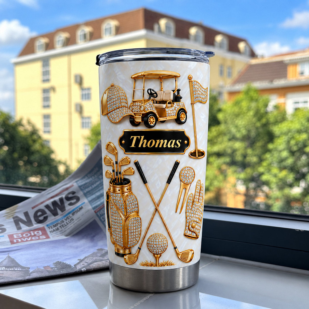 Custom name tumbler with a gold golf theme displayed on a windowsill with a newspaper.