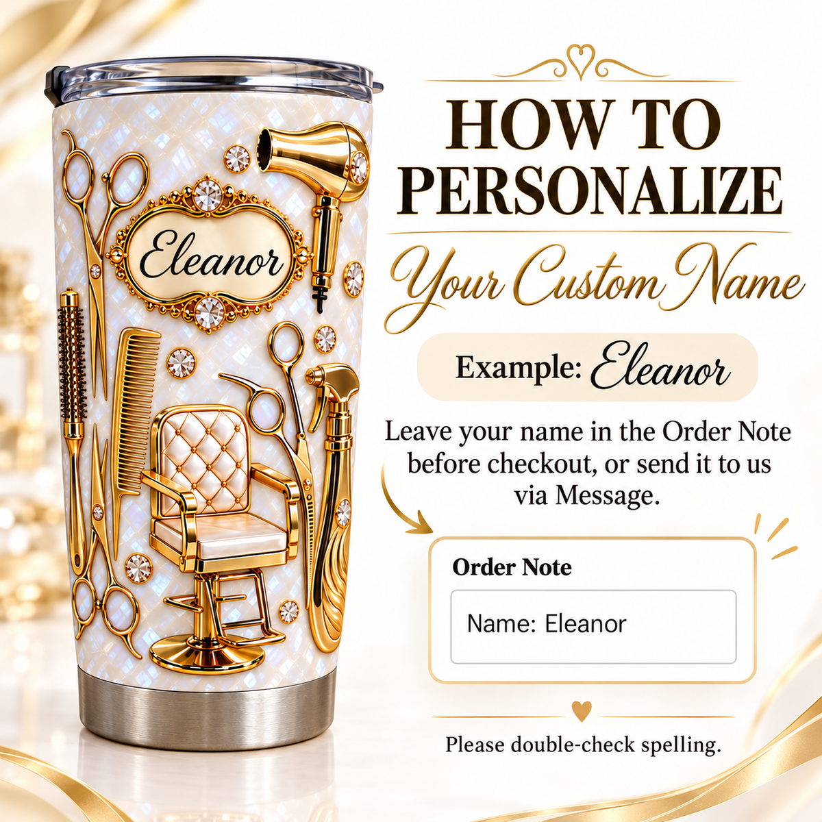 Promotional graphic explaining how to personalize the tumbler with a custom name in the ornate center frame.