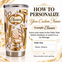 Promotional graphic explaining how to personalize the tumbler with a custom name in the ornate center frame.