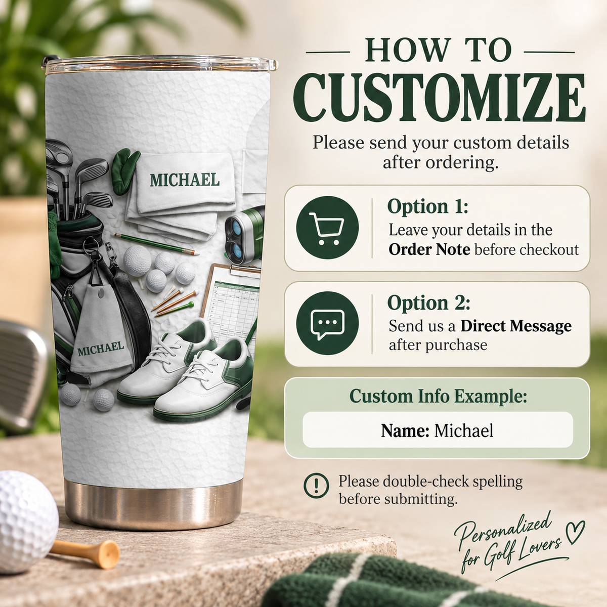 Personalized golf tumbler mockup showing customization instructions next to the product view
