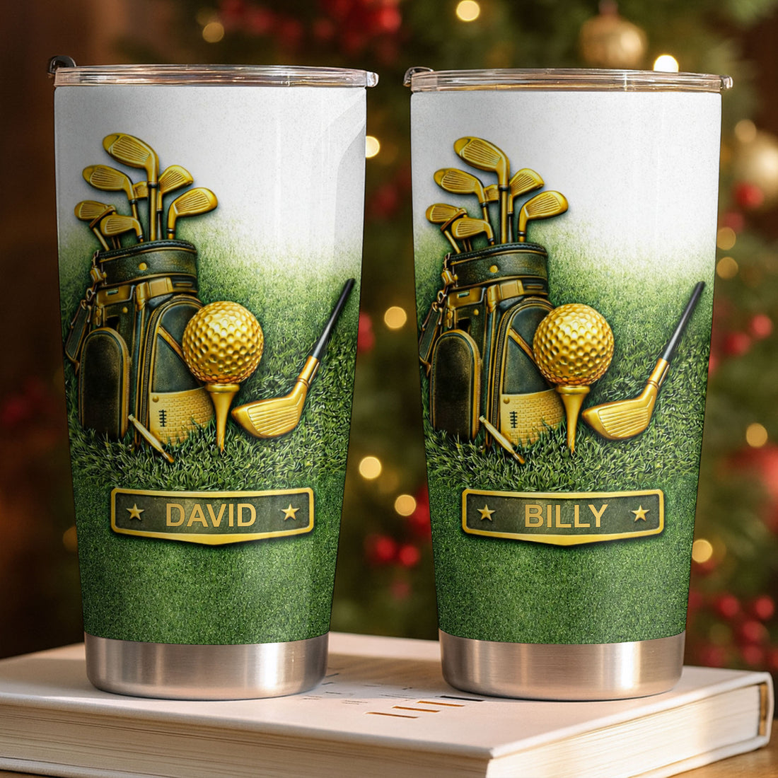 Golf Lover Personalized Tumbler Custom Name Stainless Steel Travel Cup for Golfer Gift on a hanger, ready to ship from Austin, Texas