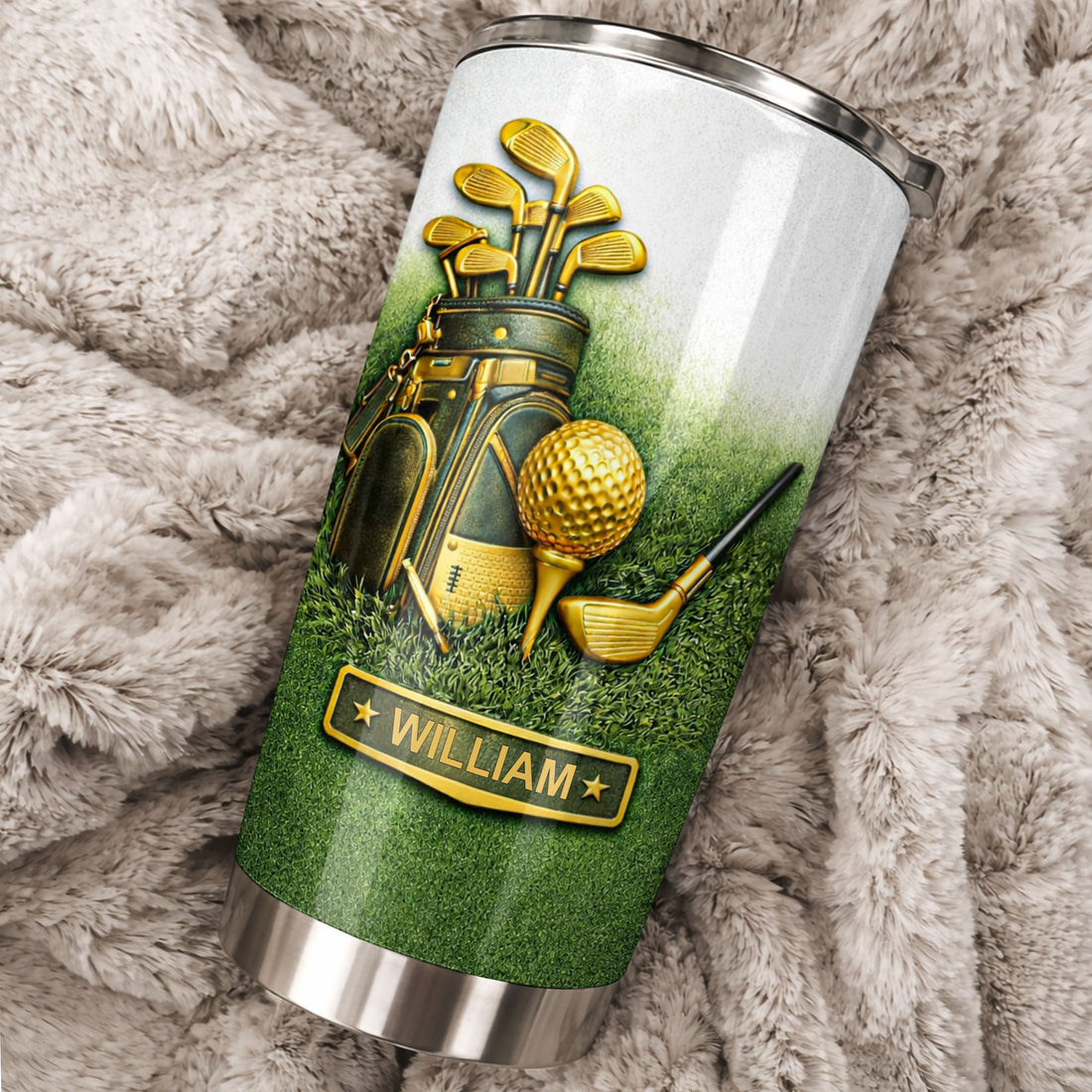 Customer in Austin, Texas wearing Golf Lover Personalized Tumbler Custom Name Stainless Steel Travel Cup for Golfer Gift