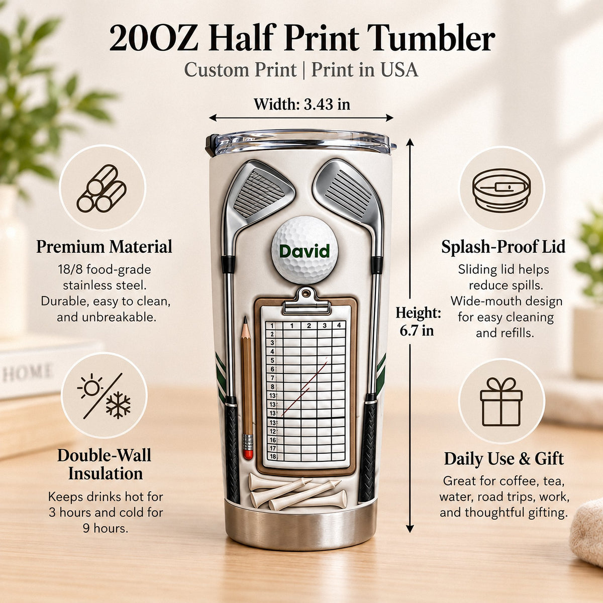 Infographic showing 20oz half print tumbler specs, features, dimensions, and everyday gift appeal.
