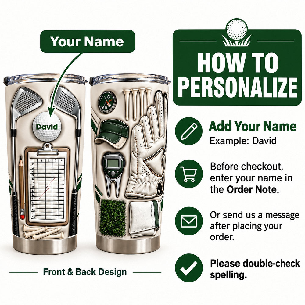 Instructional guide illustrating how to personalize the custom name golf gift for men with order steps.