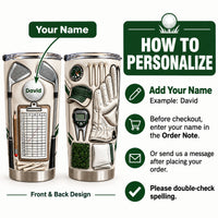 Instructional guide illustrating how to personalize the custom name golf gift for men with order steps.