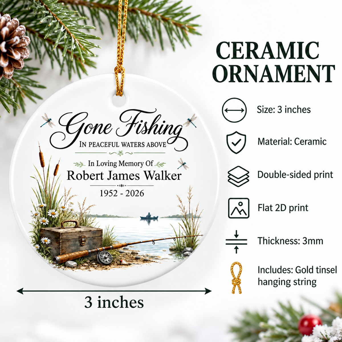 Infographic showing features of the 3-inch ceramic memorial ornament with double-sided print