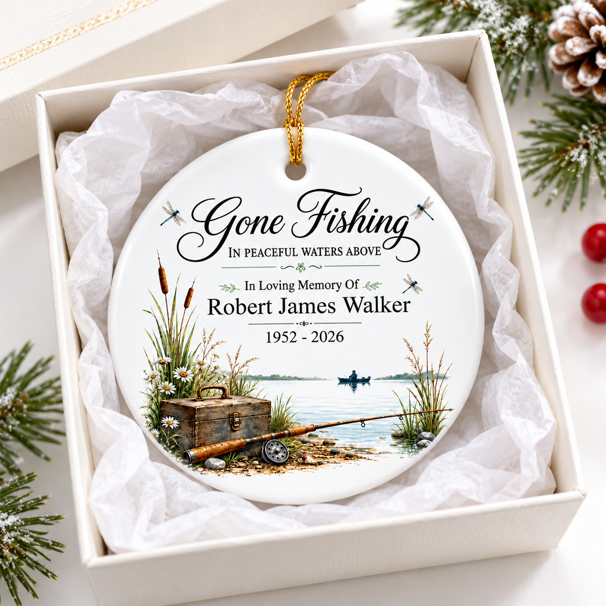 Personalized memorial ornament resting inside an open white gift box lined with tissue paper