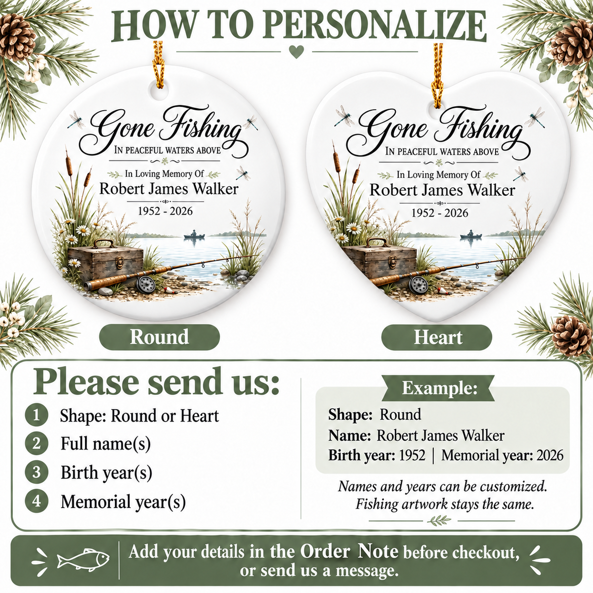 Instructions guide showing round and heart shaped ceramic memorial ornaments with customization steps