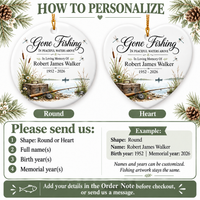 Instructions guide showing round and heart shaped ceramic memorial ornaments with customization steps