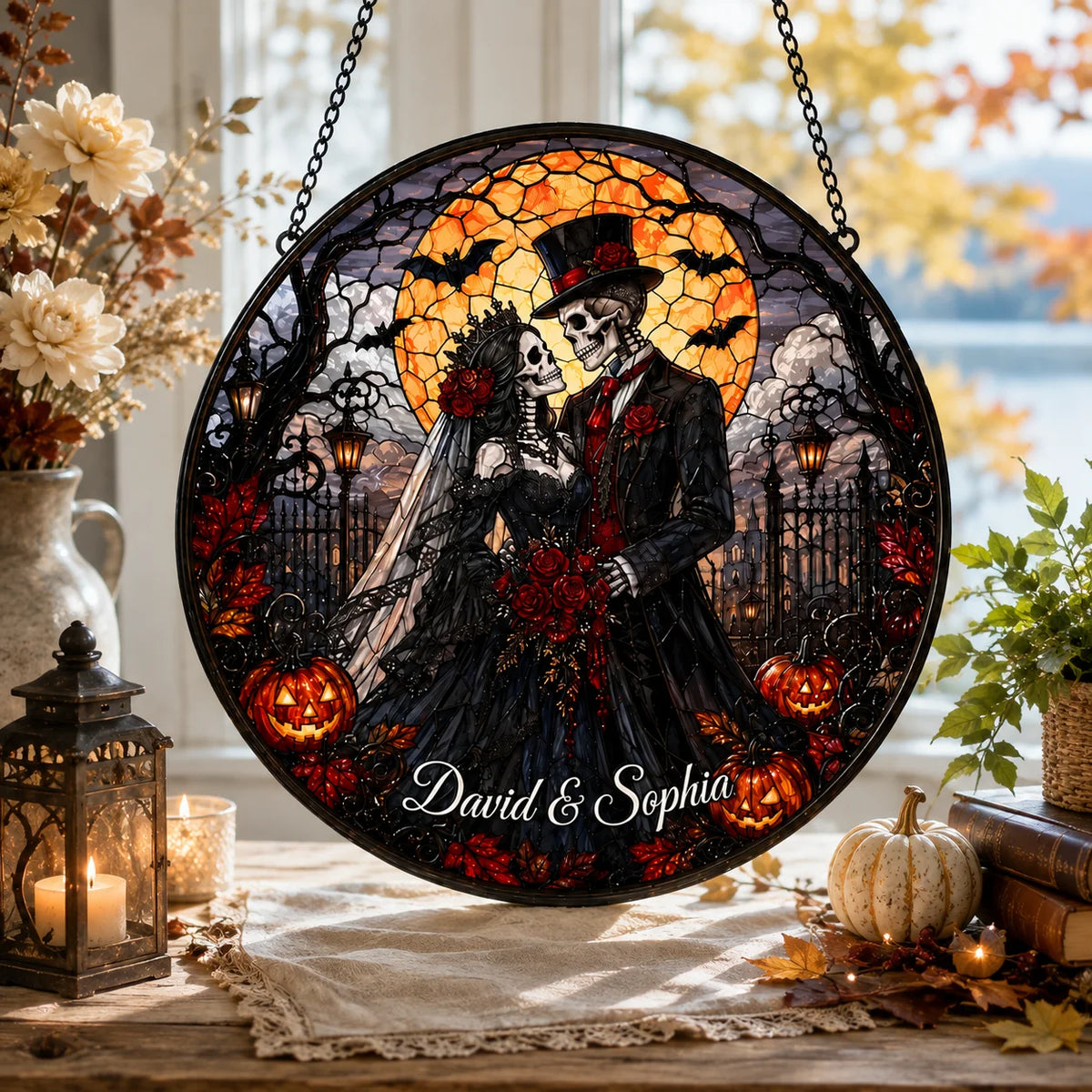 Gothic Skeleton Bride and Groom Stained Glass Style Hanging Sign Personalized Halloween Wedding Decor