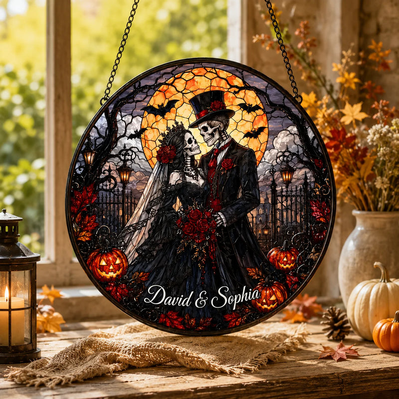 Gothic Skeleton Bride and Groom Stained Glass Style Hanging Sign Personalized Halloween Wedding Decor