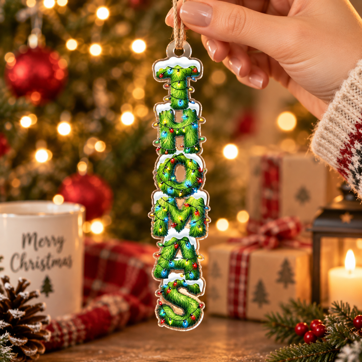 GRACE Ornament Christian Christmas Tree Decor Pine Branch Lights Acrylic Hanging Gift on a hanger, ready to ship from Austin, Texas