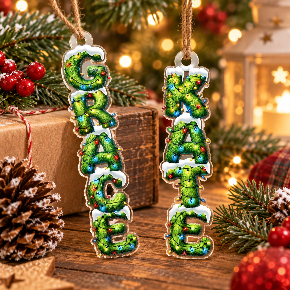 Customer in Austin, Texas wearing GRACE Ornament Christian Christmas Tree Decor Pine Branch Lights Acrylic Hanging Gift