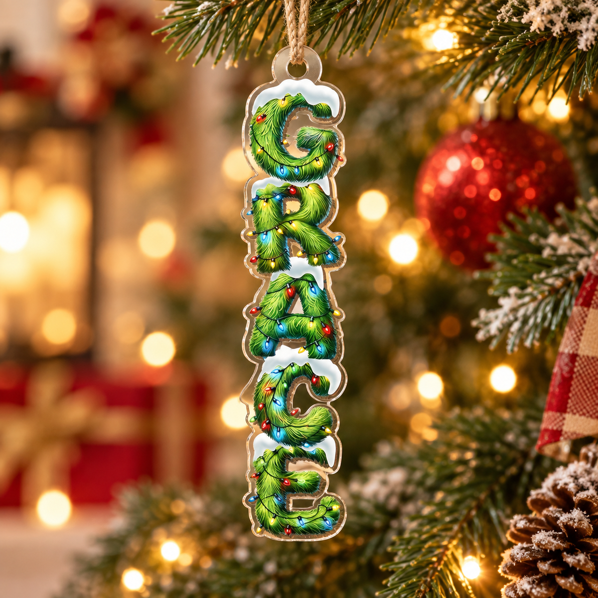 GRACE Ornament Christian Christmas Tree Decor Pine Branch Lights Acrylic Hanging Gift available at our Austin, Texas warehouse