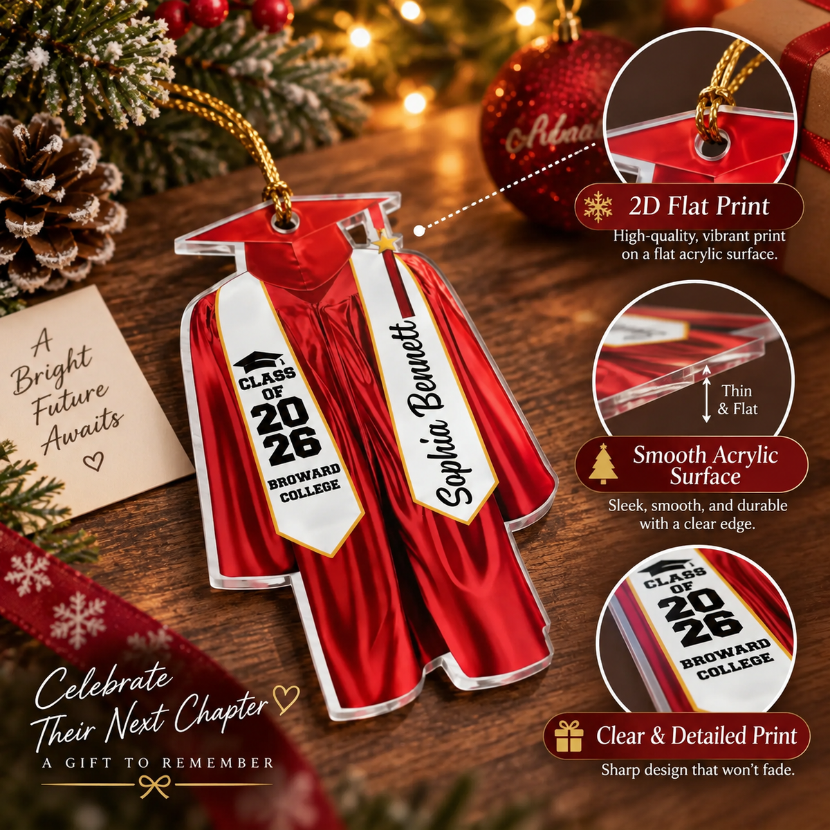 Red graduation acrylic ornament with product feature callouts detailing flat printing and acrylic finish.