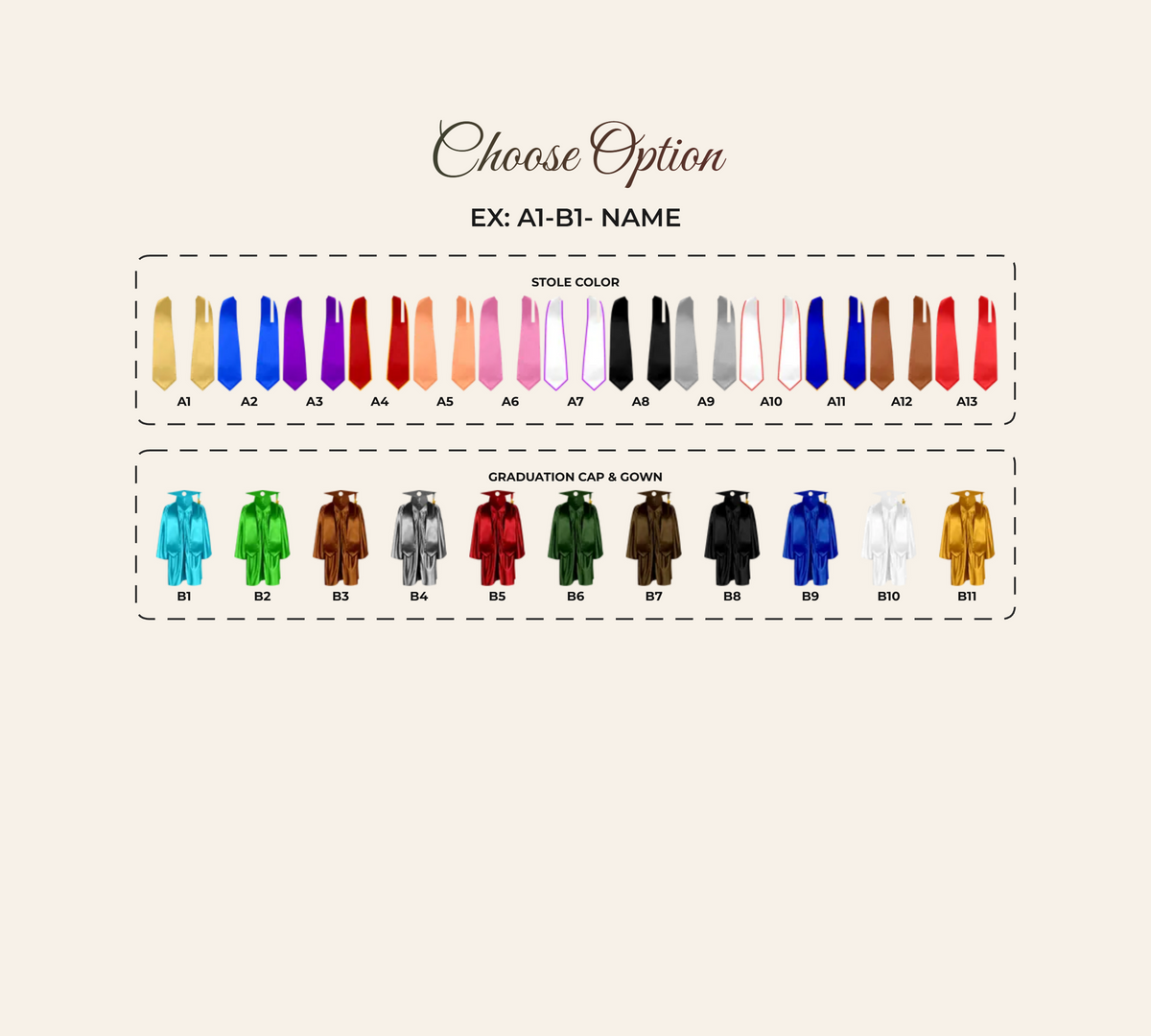 Customization guide chart showing available stole colors and graduation cap and gown options.