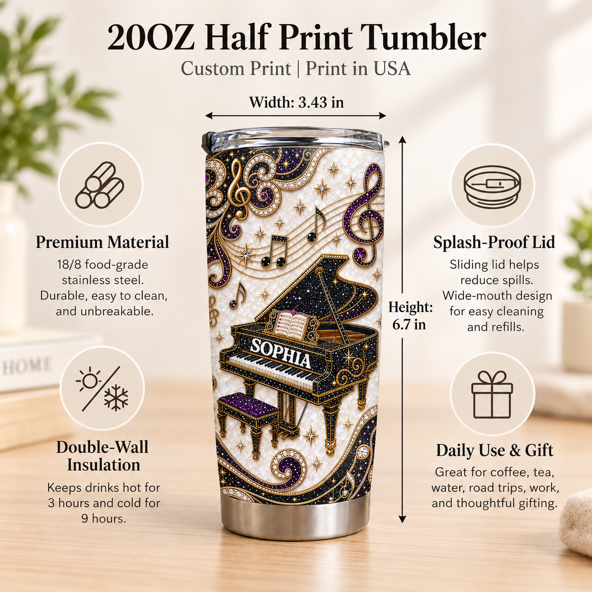 Personalized Grand Piano Music Tumbler Custom Name Pianist Gift - product view 8