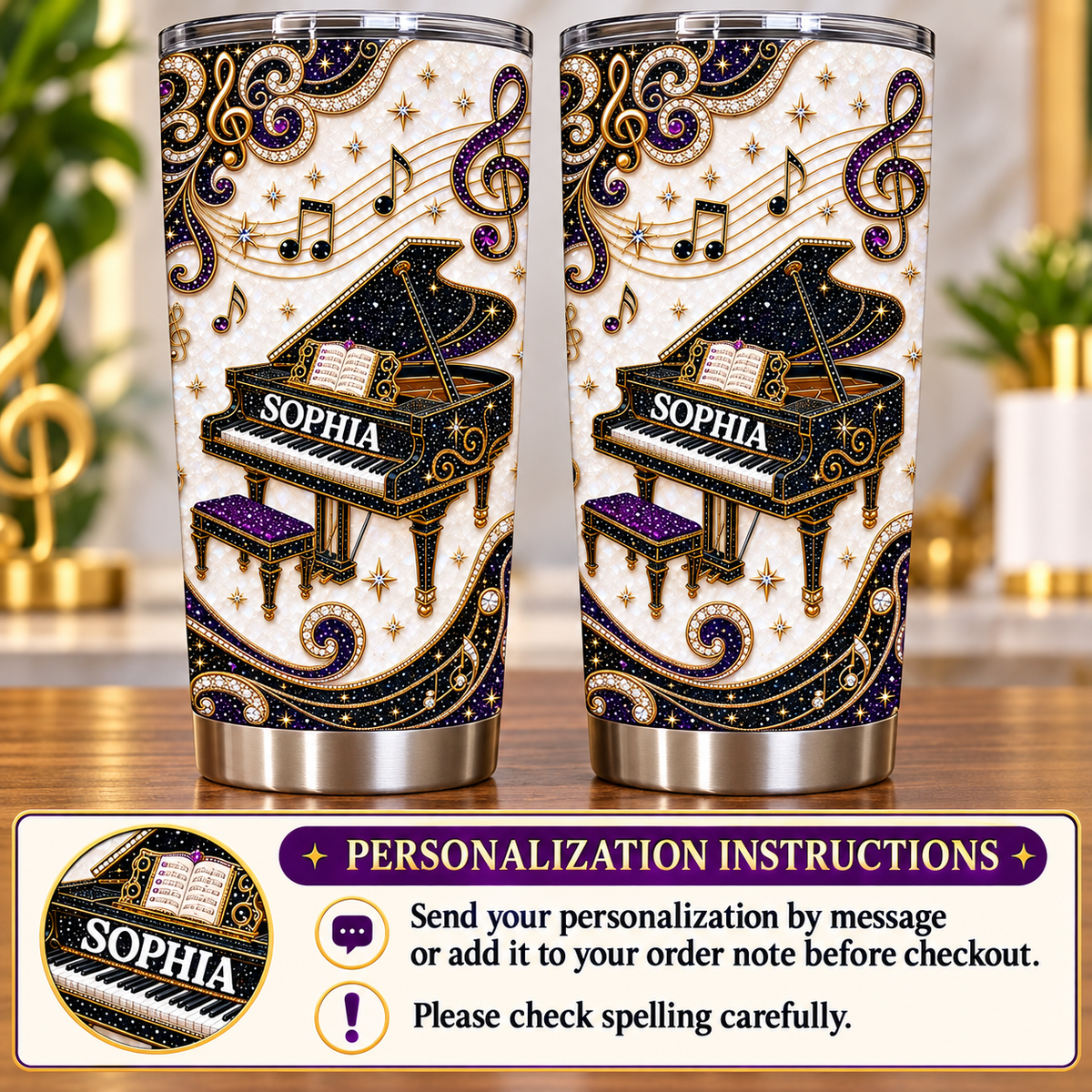 Personalized Grand Piano Music Tumbler Custom Name Pianist Gift - personalization guide