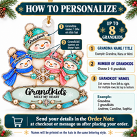 Instructional graphic detailing how to personalize the custom name snowman ornament with grandma title, 1 to 8 grandkids, and