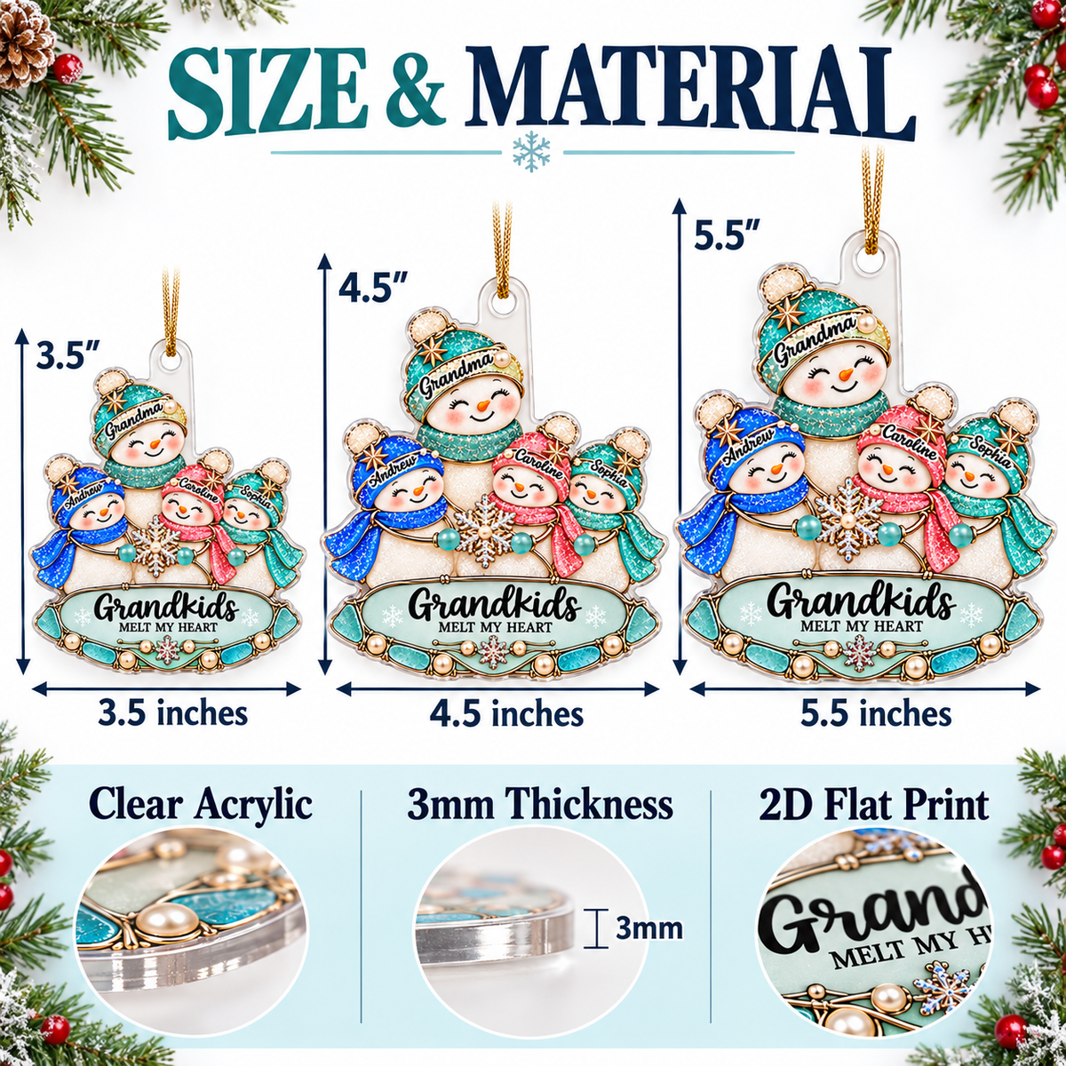 Size and material guide showing 3.5, 4.5, and 5.5 inch clear acrylic snowflake charm ornaments with flat 2D print and 3mm