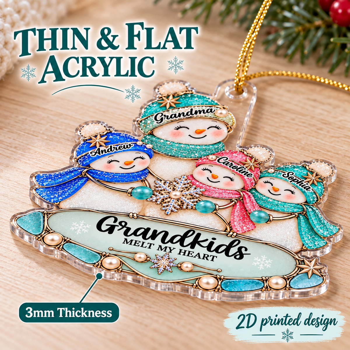 Thin and flat acrylic Grandkids Melt My Heart ornament resting on a wooden table, highlighting its 3mm thickness and 2D