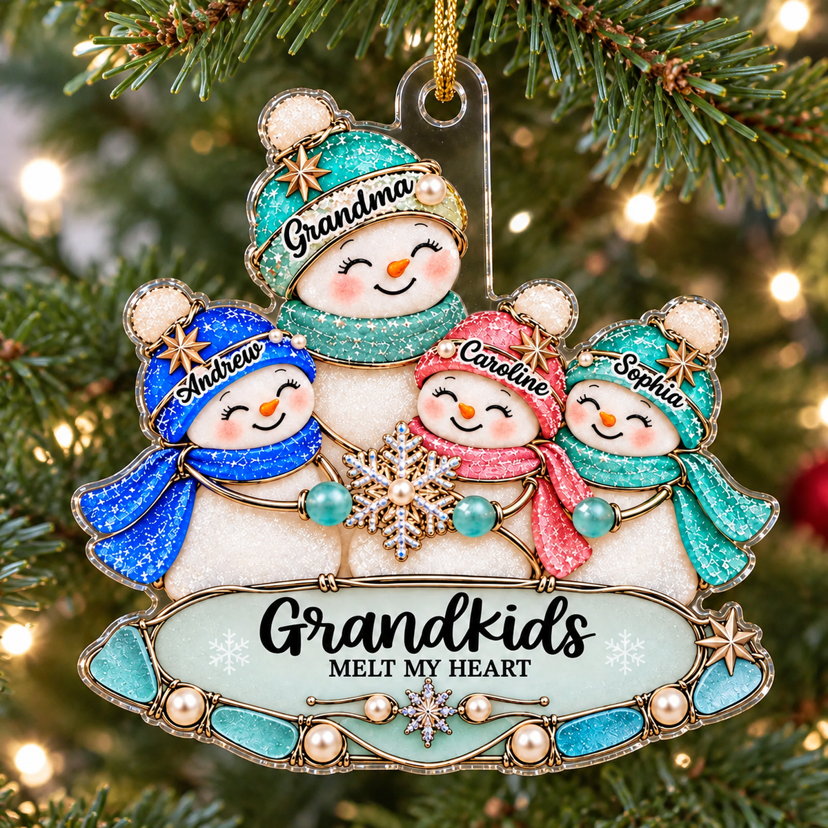 Grandkids Melt My Heart Christmas ornament hanging on a lit pine tree branch with a customized Grandma and three grandchild