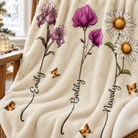 Close-up of the watercolor floral blanket showing stems printed with grandchildren names and butterflies.