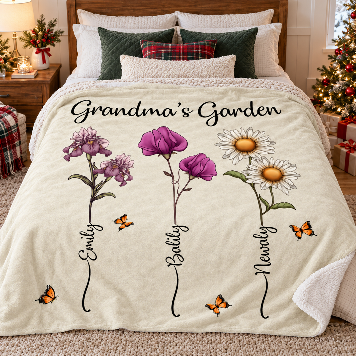 A watercolor floral blanket spread over a neatly made bed in a holiday-decorated bedroom.