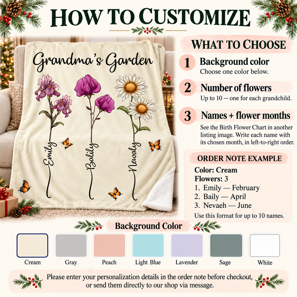 How to customize guide showing background color swatches and ordering instructions for a custom name blanket.