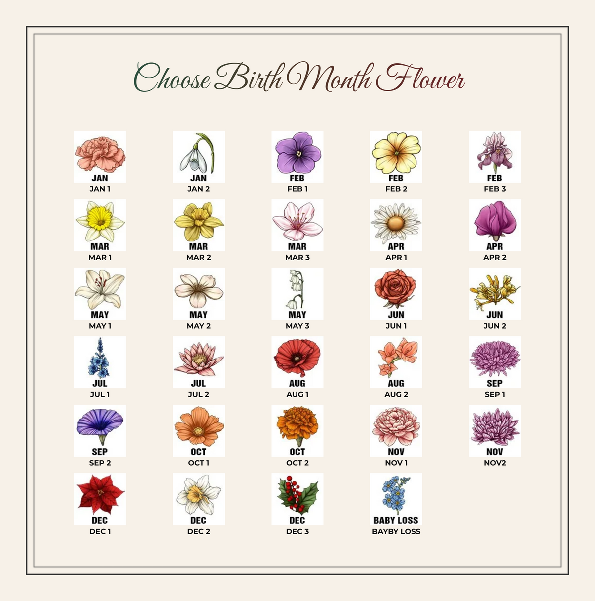 Birth month flower chart displaying numbered botanical illustrations for personalizing a family names throw.