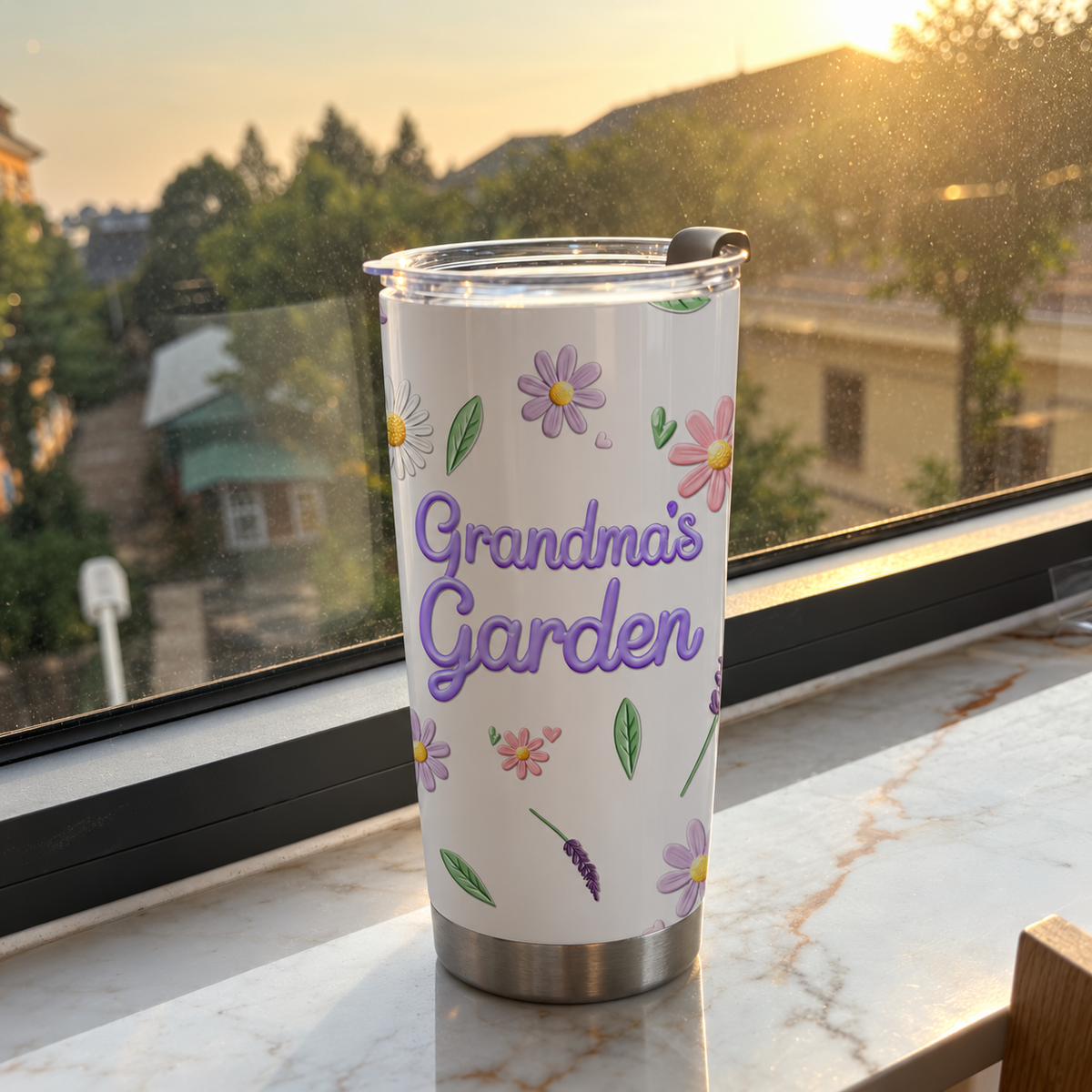 A single Grandma's Garden stainless steel tumbler on a marble windowsill at sunset.