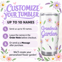 Infographic showing instructions for customizing the birth flower tumbler with up to 10 names.