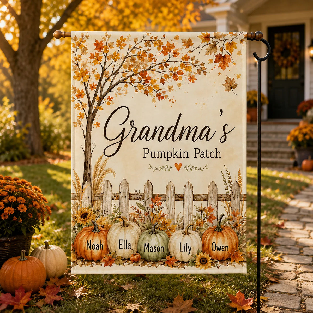 Grandma's Pumpkin Patch Fall Garden Flag Personalized Custom Names Autumn Decor Gift for Grandma
