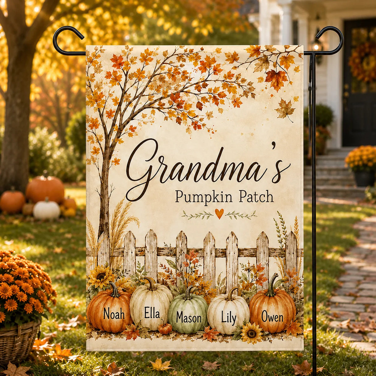Grandma's Pumpkin Patch Fall Garden Flag Personalized Custom Names Autumn Decor Gift for Grandma