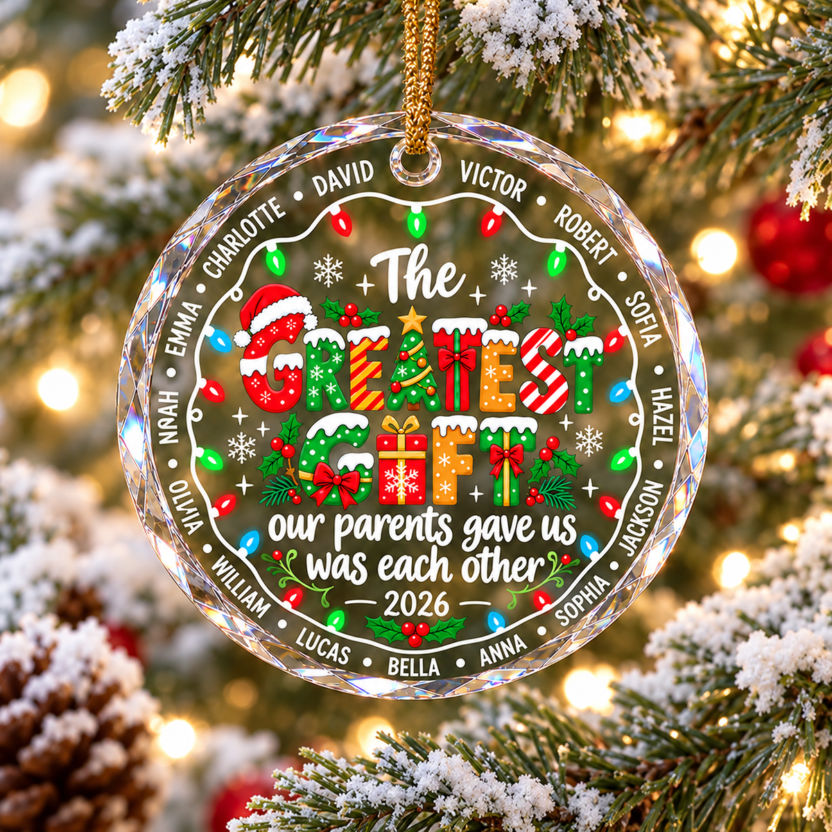 Personalized Greatest Gifts Family Glass Ornament Custom Names Christmas Gift - main design