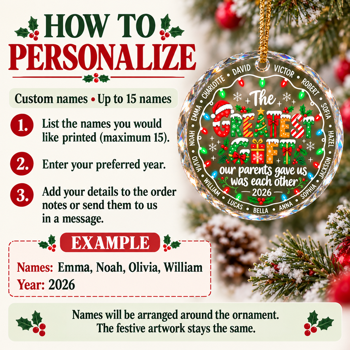 Personalized Greatest Gifts Family Glass Ornament Custom Names Christmas Gift - personalization guide