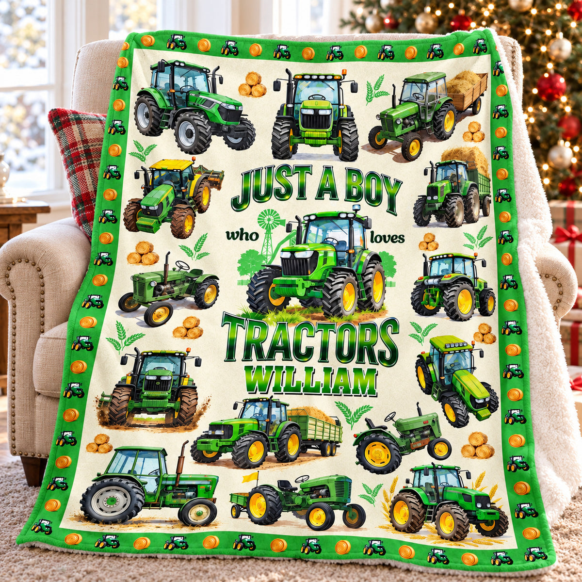 Personalized Green Tractor Blanket Custom Name Farm Boy Gift - main product view