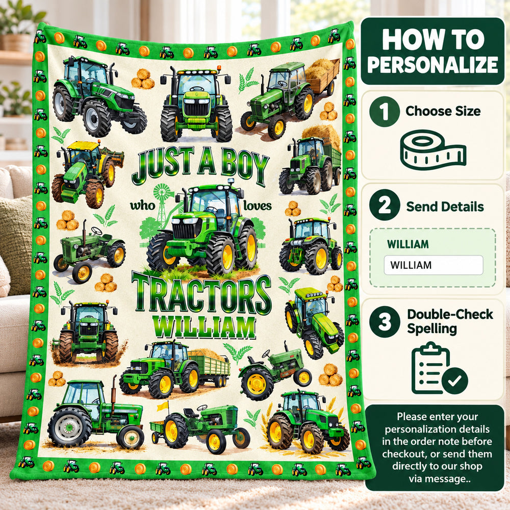 Personalized Green Tractor Blanket Custom Name Farm Boy Gift - personalization options and ordering guide