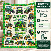 Personalized Green Tractor Blanket Custom Name Farm Boy Gift - personalization options and ordering guide
