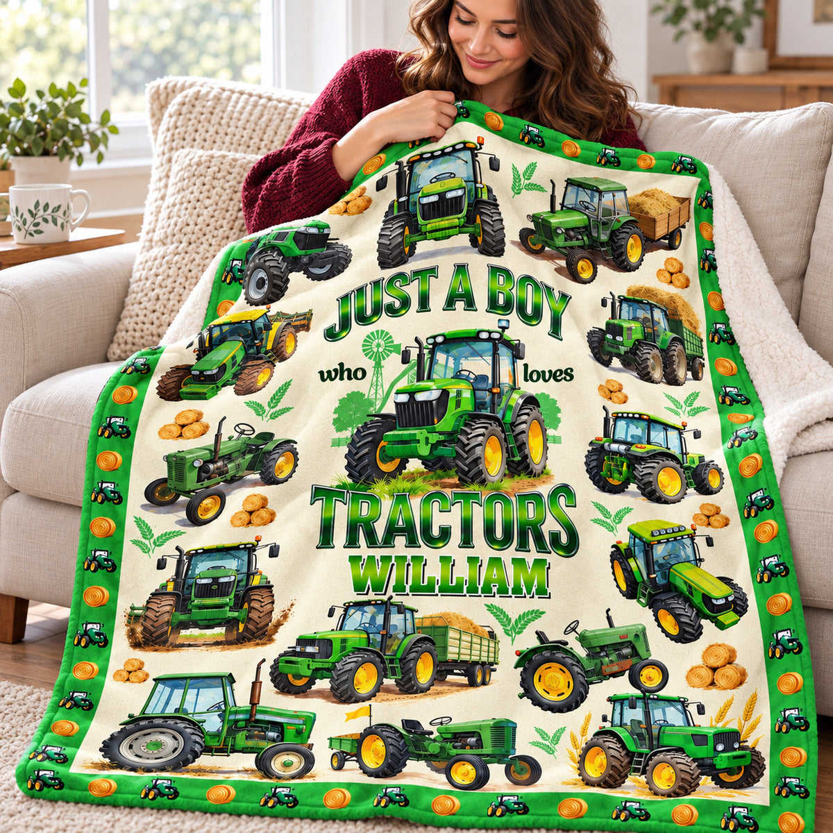 Personalized Green Tractor Blanket Custom Name Farm Boy Gift - product view 7