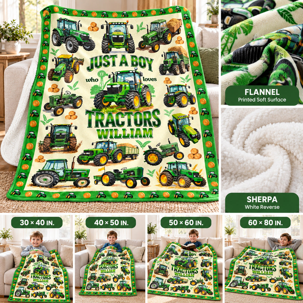 Personalized Green Tractor Blanket Custom Name Farm Boy Gift - size and material guide