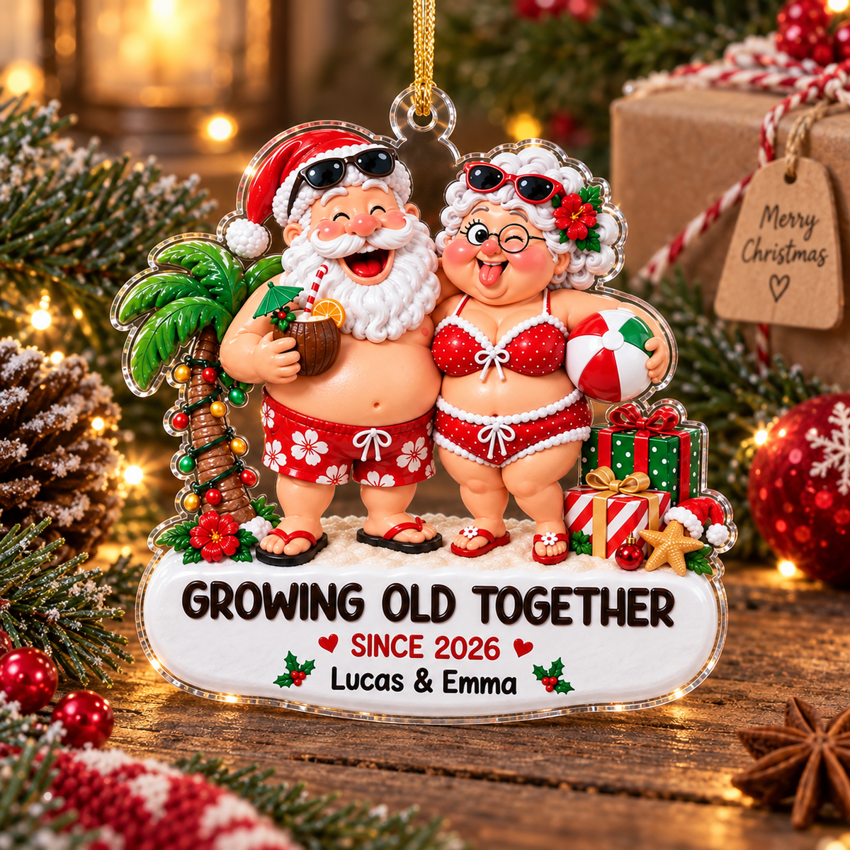 Customer in Austin, Texas wearing Growing Old Together Funny Christmas Ornament Personalized Couples Gift Tropical Santa