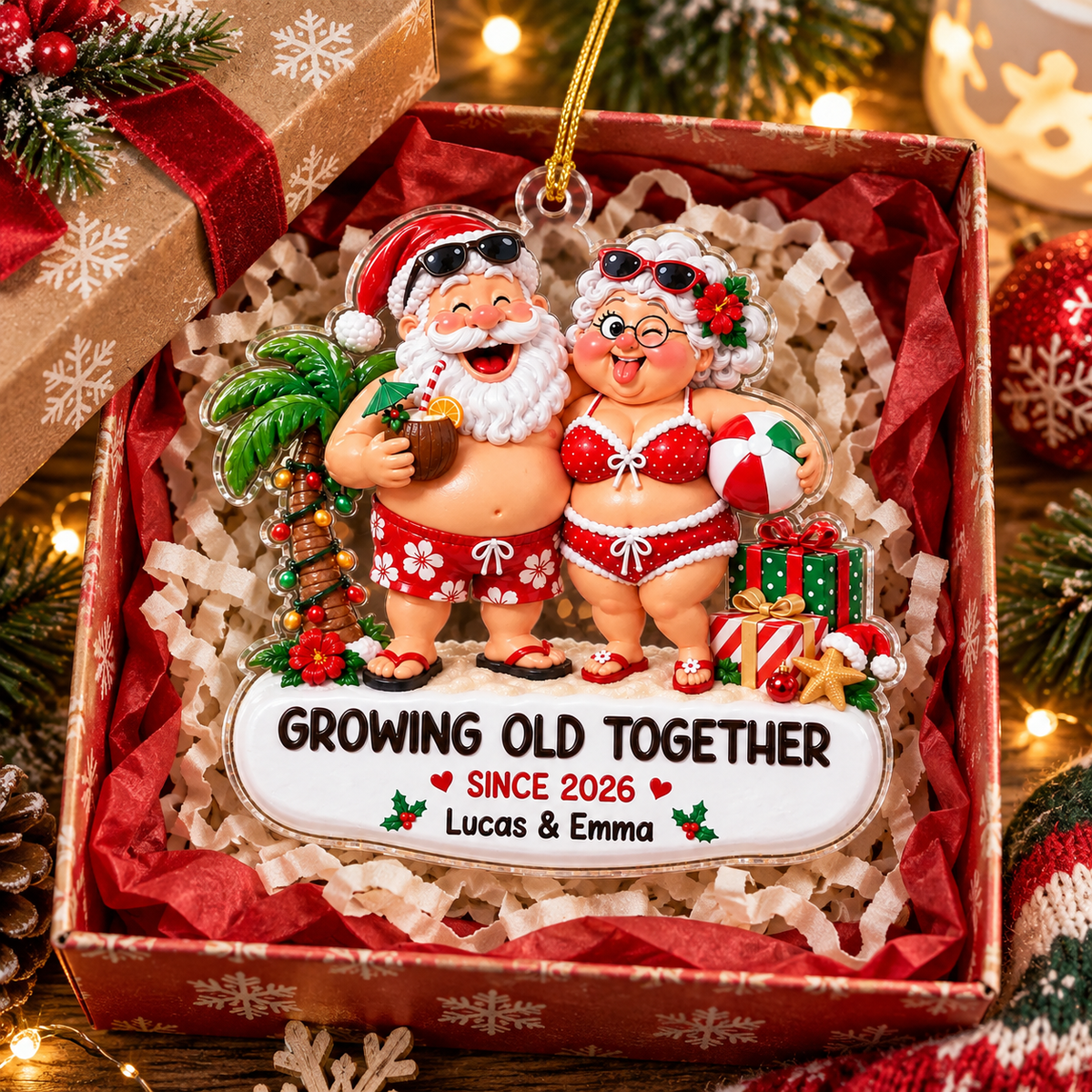 Close-up of Growing Old Together Funny Christmas Ornament Personalized Couples Gift Tropical Santa for streetwear fans in Austin, Texas