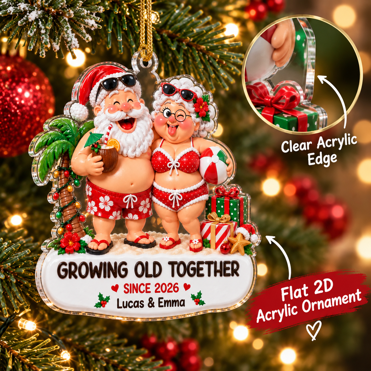 Customer in Austin, Texas wearing Growing Old Together Funny Christmas Ornament Personalized Couples Gift Tropical Santa