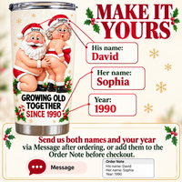 Custom name Christmas gift instructions showing how to personalize the funny Santa tumbler with names and year.