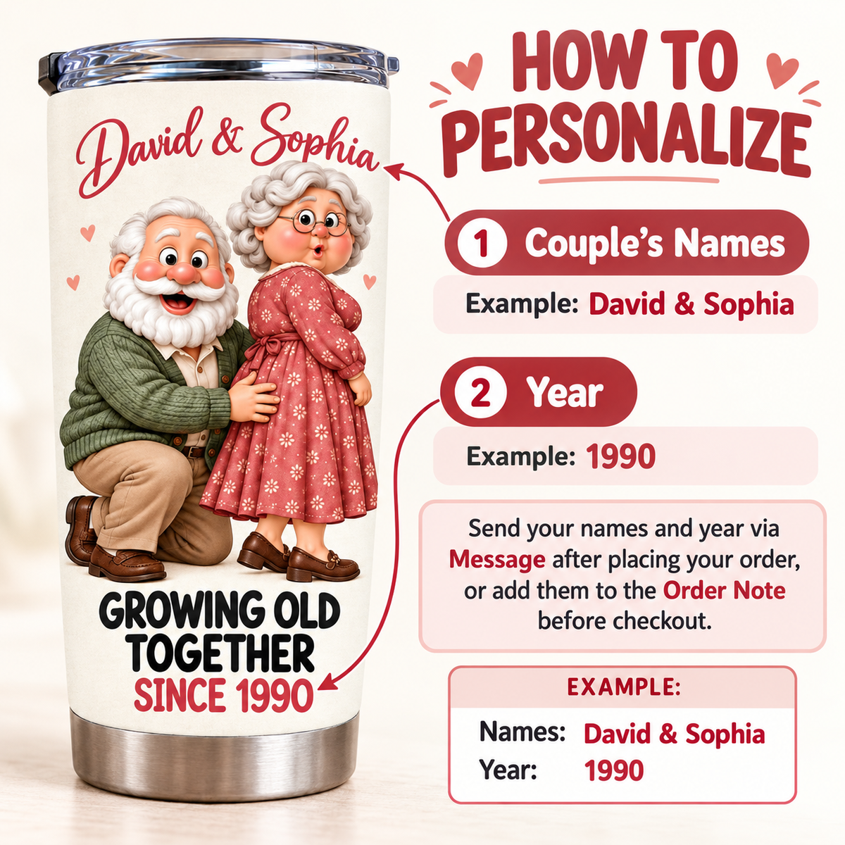 Customizable Growing Old Together tumbler graphic demonstrating step-by-step instructions for adding names and year with