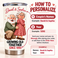 Customizable Growing Old Together tumbler graphic demonstrating step-by-step instructions for adding names and year with