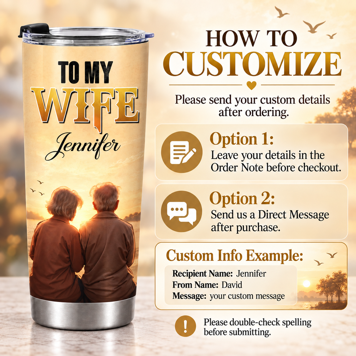 A customized 20oz stainless steel travel mug beside an instructional graphic detailing how to send custom text.