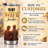 A customized 20oz stainless steel travel mug beside an instructional graphic detailing how to send custom text.